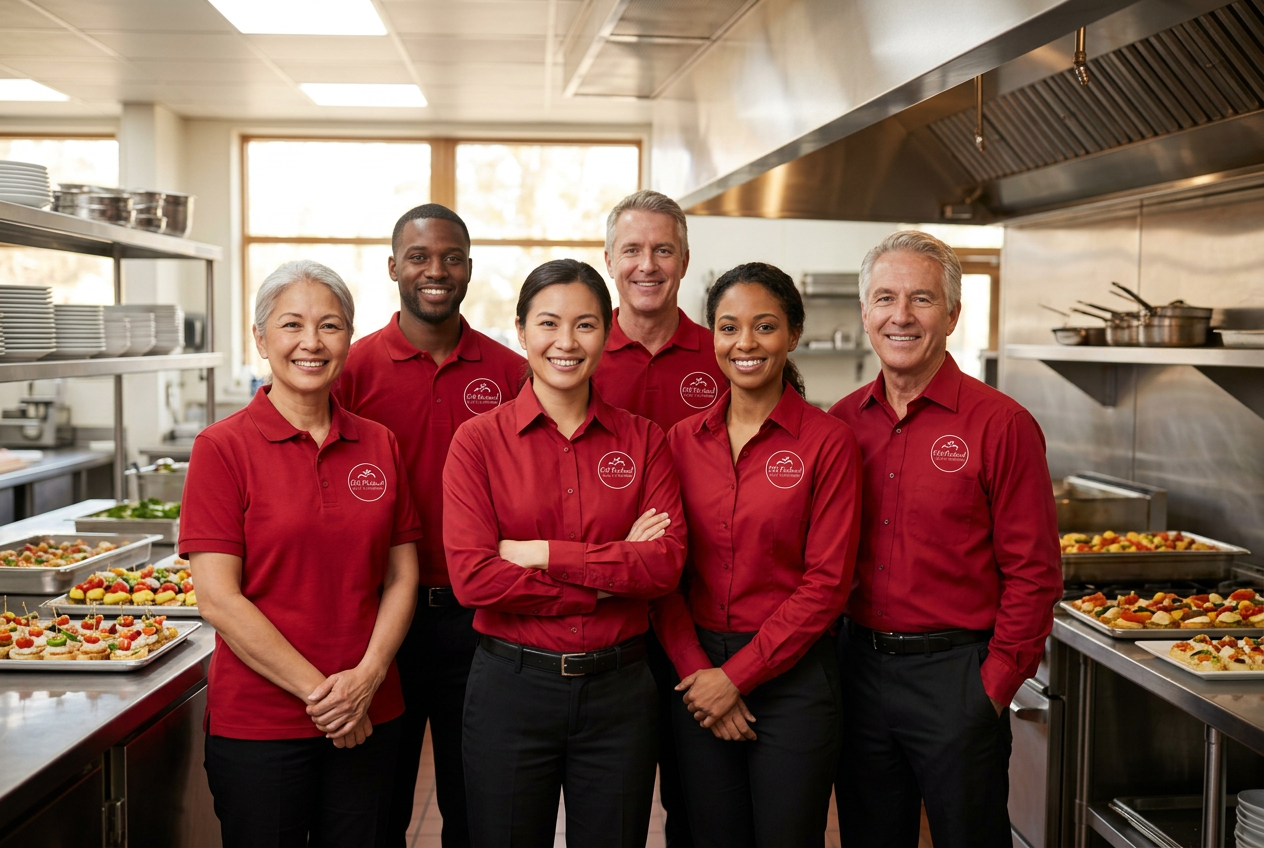 The Old Orchard Cafe & Catering team in red polos and red dress shirts with the Old Orchard logo, in their Sioux Falls catering kitchen